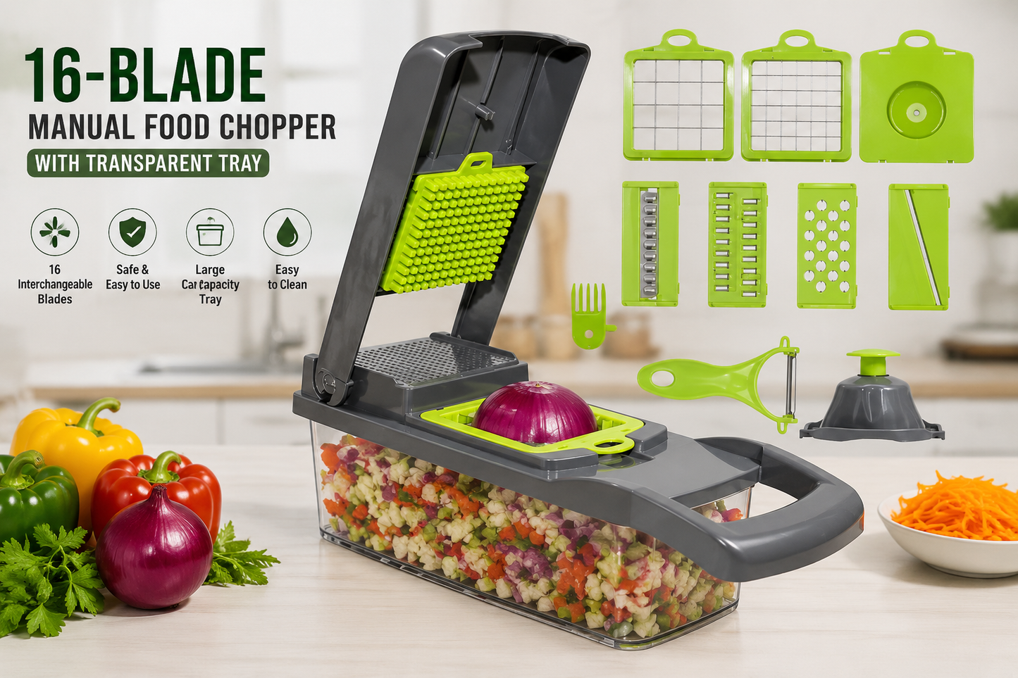16-in-1 Multifunctional Manual Food Chopper with Transparent Tray